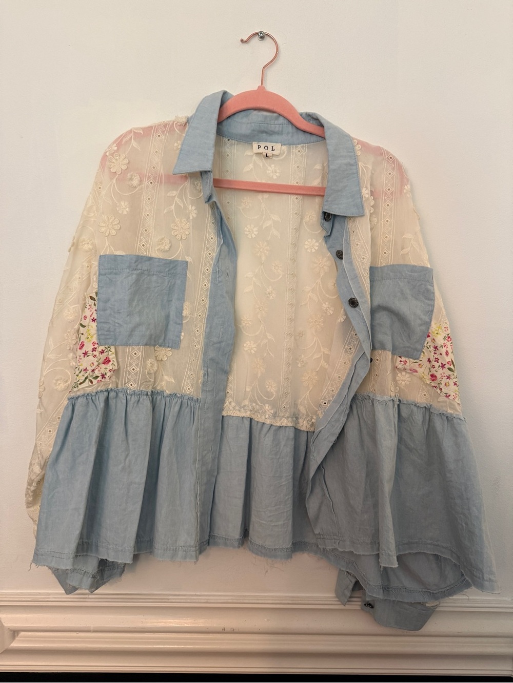 POL Light Blue and Cream Embroidered Lace Blouse